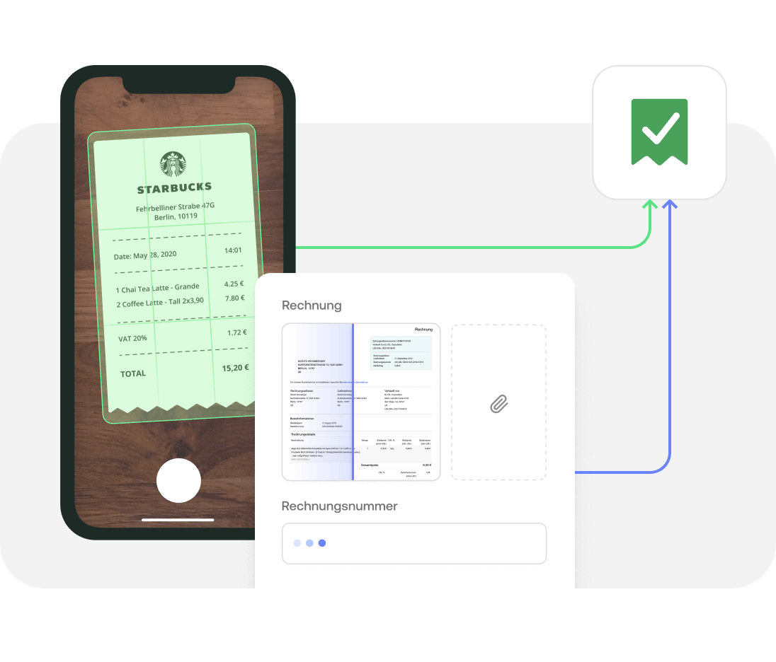 Belege direkt mit dem Smartphone hochladen, z.B. Rechnungen von Starbucks